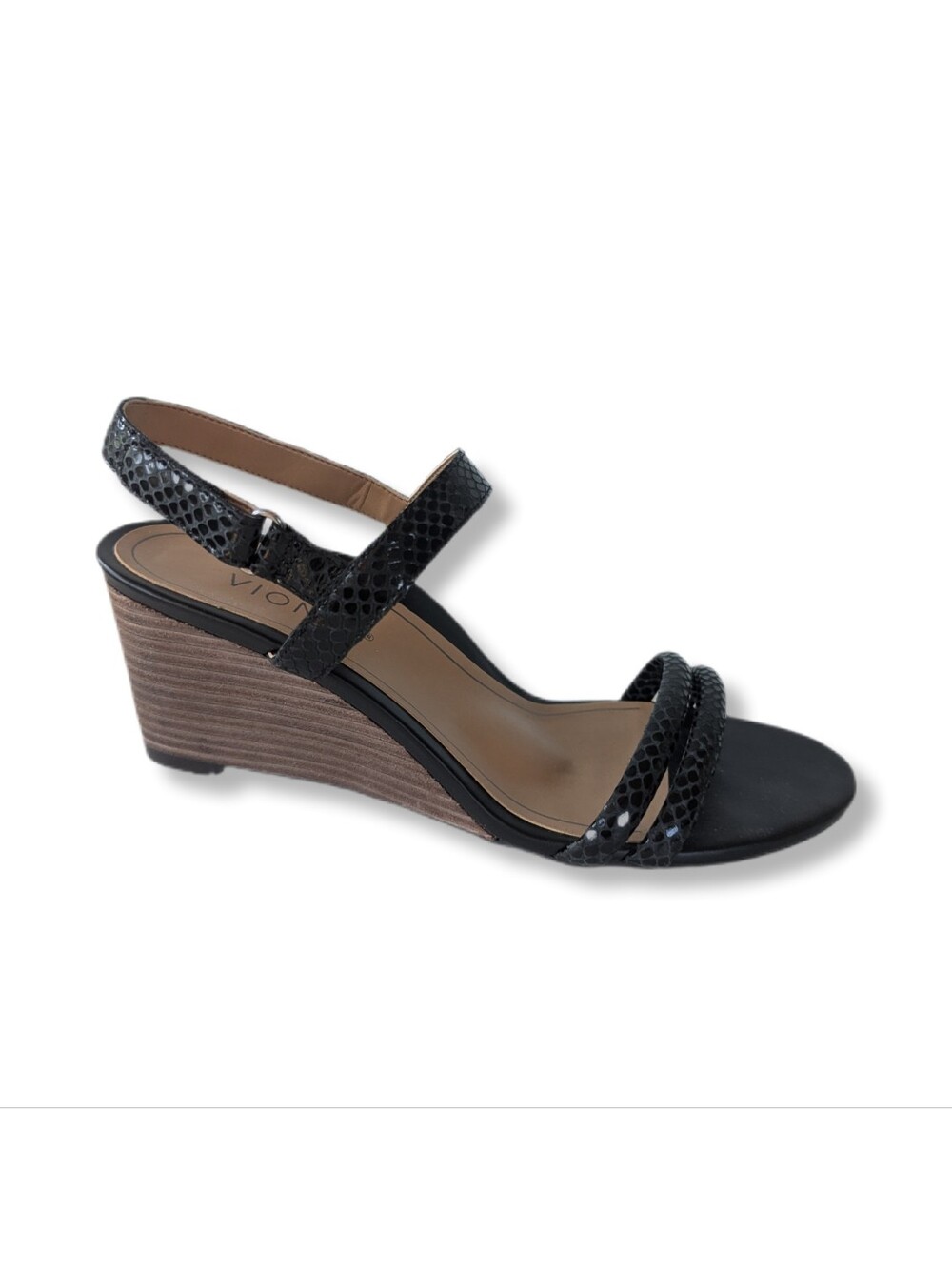 Vionic Women's Emmy Black Leather Embossed Lizard Wedge Sandals